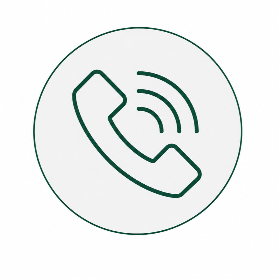 Green phone handset with ringing signal lines inside a circle icon