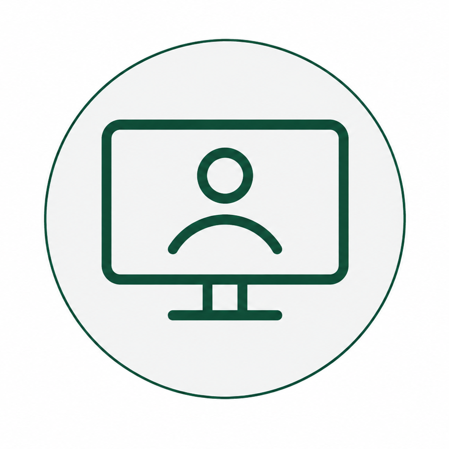 Green outline icon of a person on a computer monitor inside a circle