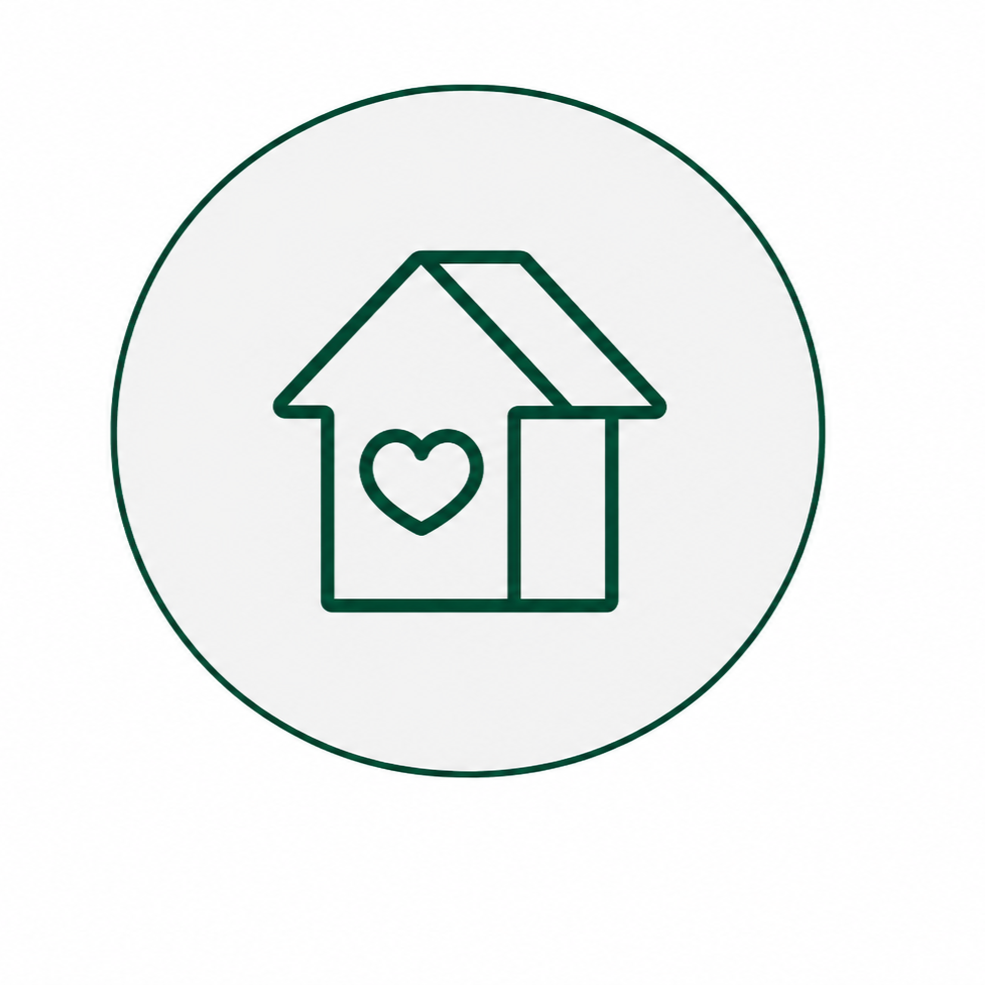 Green outline of a house with a heart inside, enclosed in a circle.
