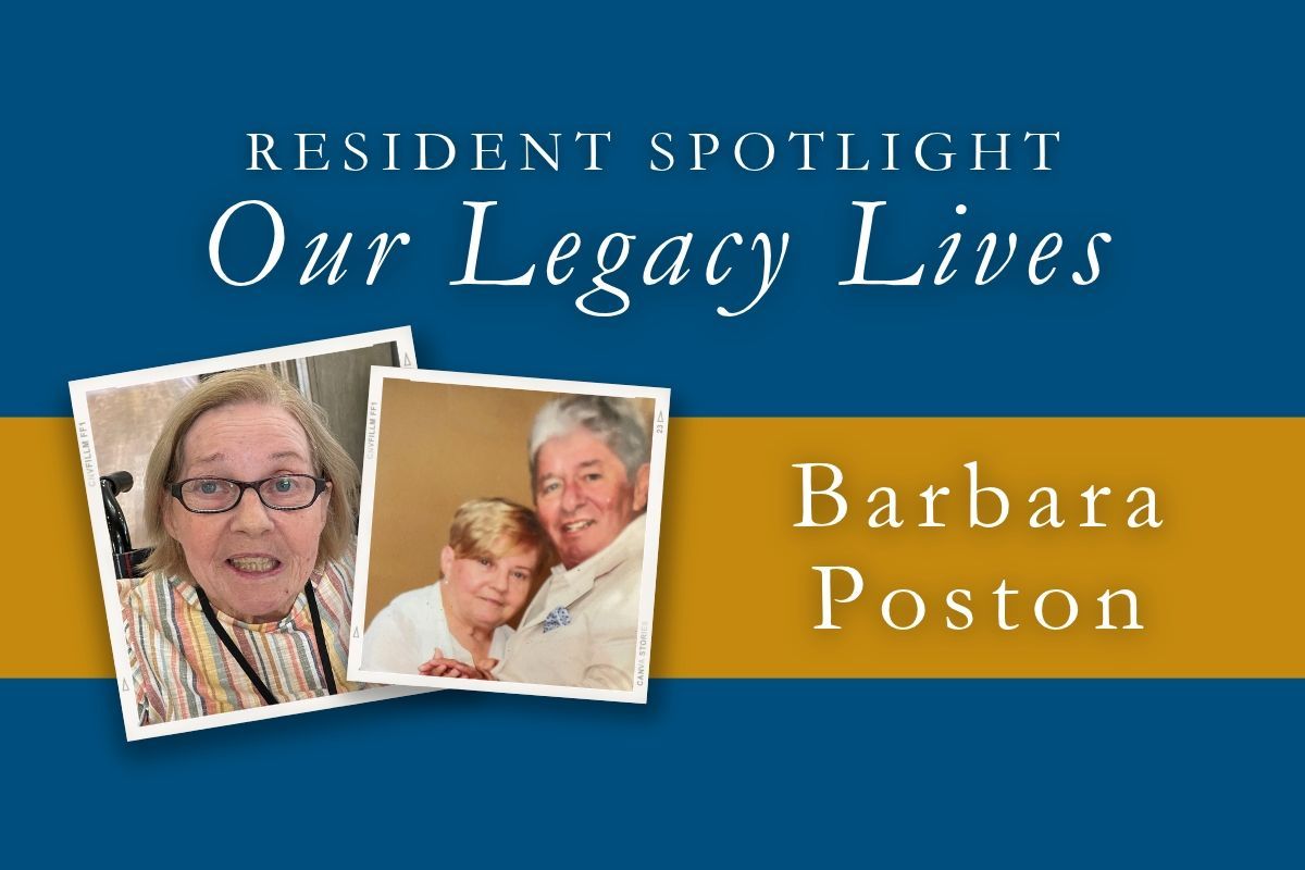 Resident Spotlight banner for Barbara Poston with blue and gold background and two portrait photos