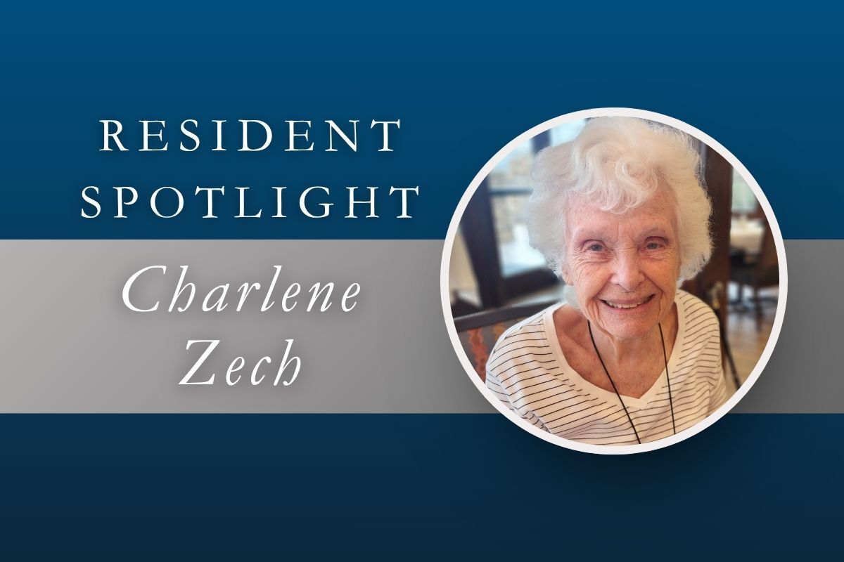 Resident Spotlight banner with portrait of Charlene Zech on a blue background