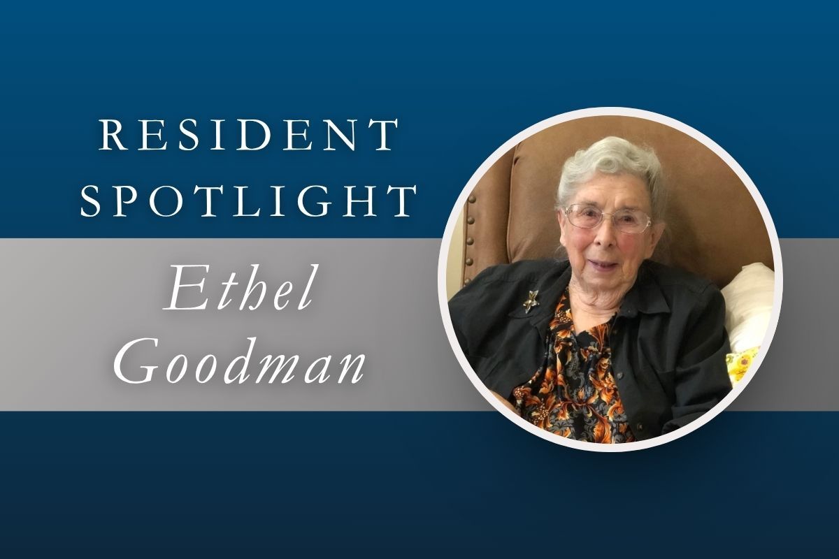 Resident spotlight graphic with portrait of Ethel Goodman on blue background