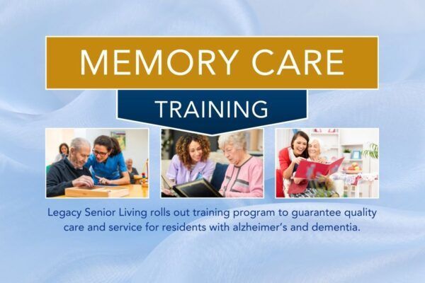 Memory Care Training banner with photos of caregivers and seniors in blue and gold design