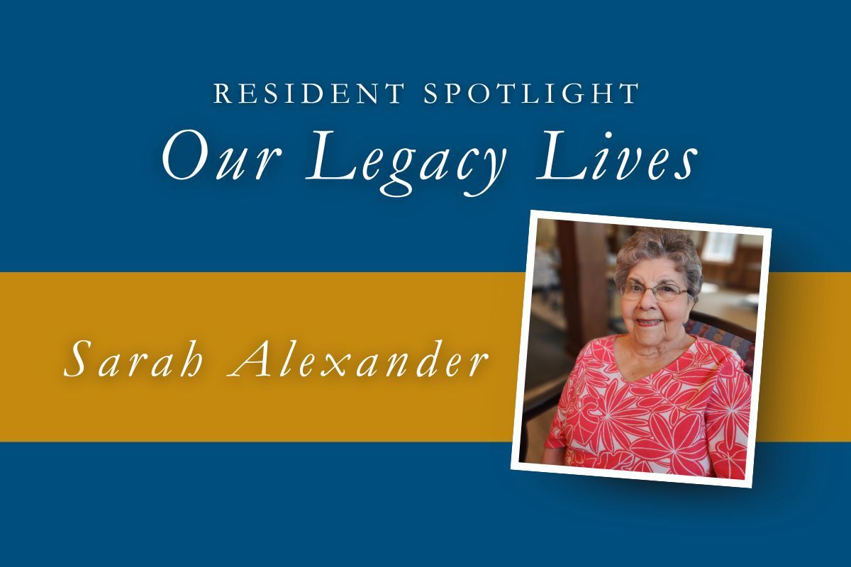 Resident Spotlight: Sarah Alexander, seated, smiling. Text overlay reads 