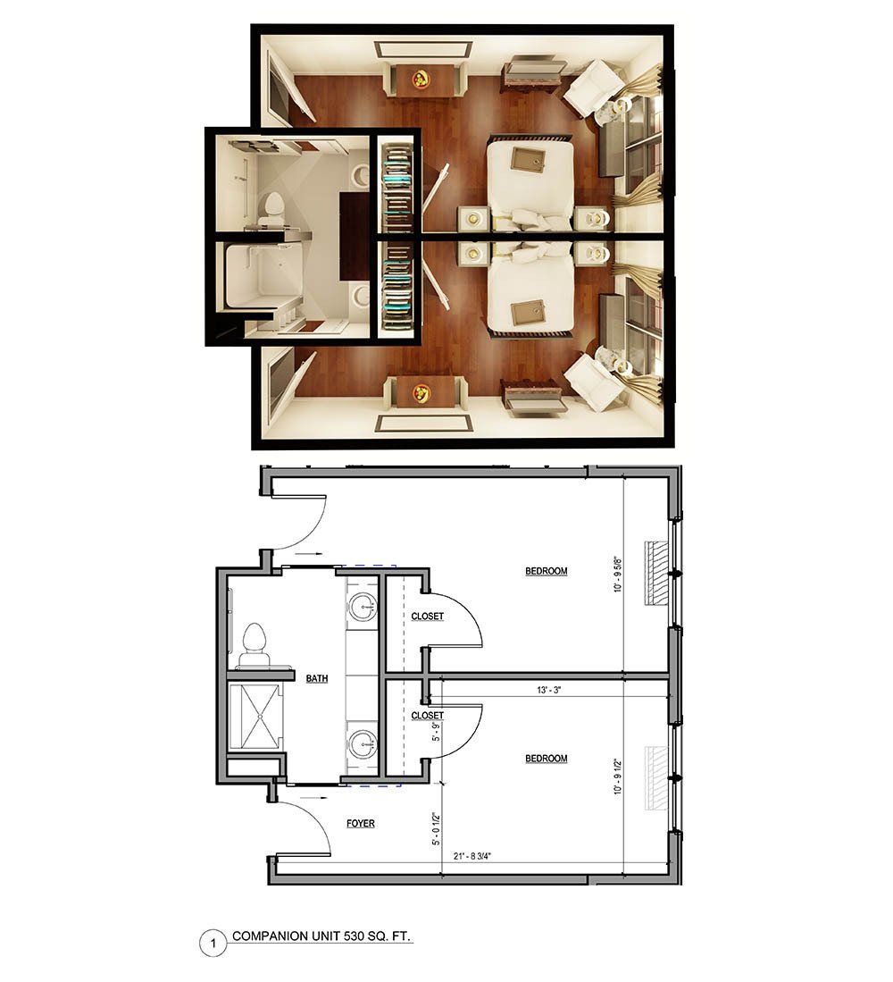 Floor plans of a dual-room suite: top view of furnished rooms, bottom view of architectural layout with dimensions.