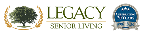 Logo of Legacy Village of Cleveland, a senior living community. Features a heart with a house inside, blue text.