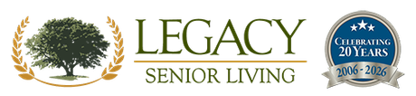 Logo of Legacy Village of Cleveland, a senior living community. Features a heart with a house inside, blue text.