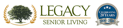 Logo of Legacy Village of Cleveland, a senior living community. Features a heart with a house inside, blue text.