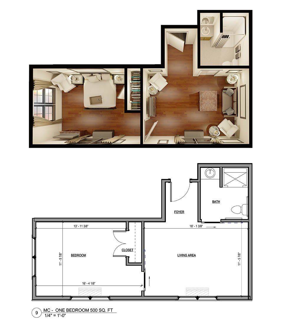 Floor plan: Top-down view of a furnished studio apartment with adjacent bathroom. Bottom view: Floor plan with dimensions.