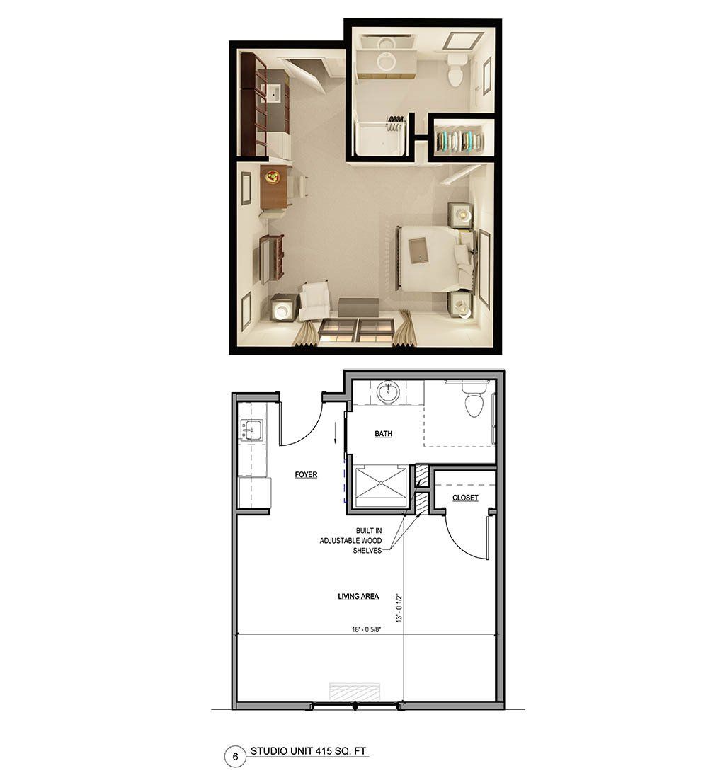 Two-part floorplan: top, furnished studio apartment; bottom, architectural drawing of same space.