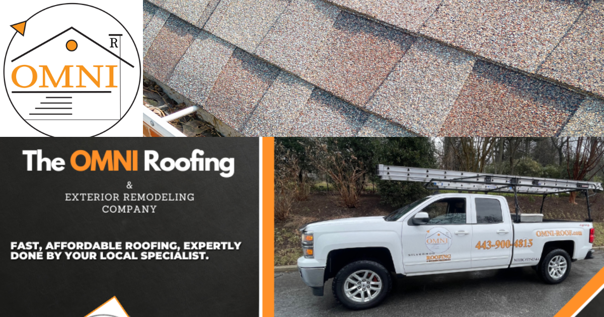 A white truck is parked next to a sign for the omni roofing company.