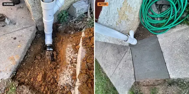 Downspout drain line dug up during the repair, then tied in with new concrete