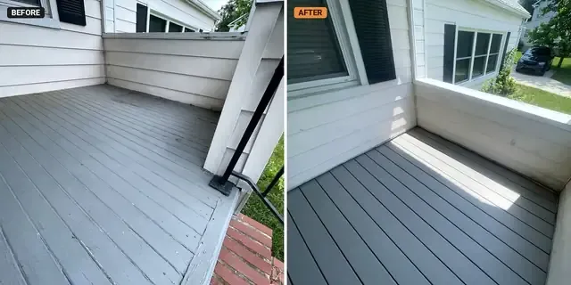 Worn painted porch floor before and the same porch with new composite boards after
