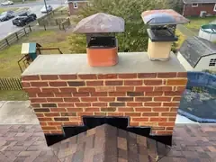 Rebuilt brick chimney with new flashing on a shingle roof