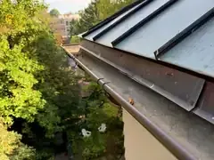 Standing seam metal roof with a cleaned half-round gutter