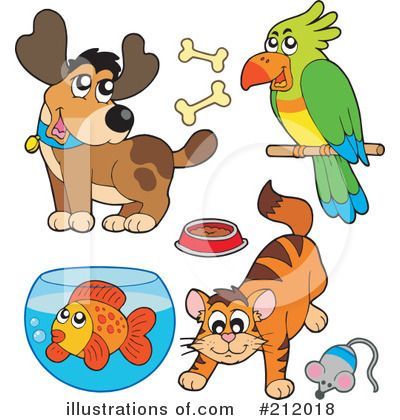 A dog a cat a parrot a fish a mouse and a bowl of food