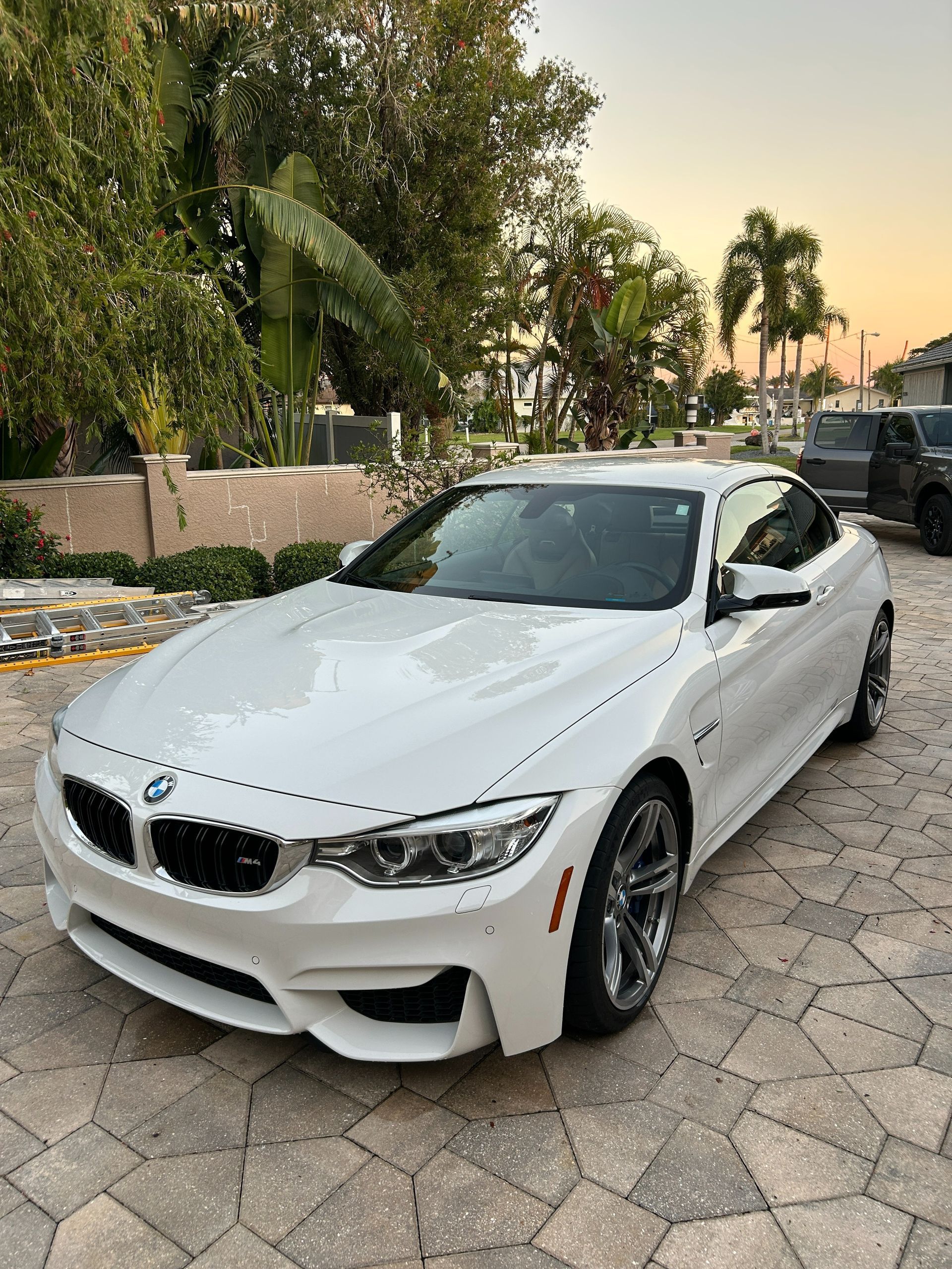 White BMW sedan parked on a stone driveway beside palm trees at sunset
