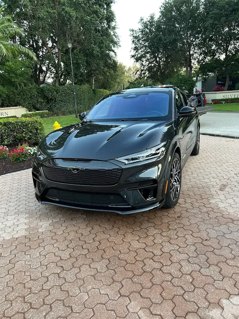 Black sports sedan parked on a paved driveway beside trees and flowerbeds.