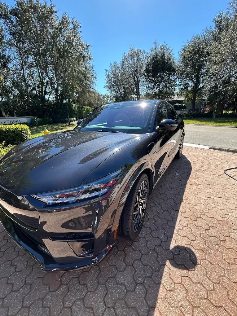 Black sports sedan parked on a sunny driveway, with trees and blue sky in the background