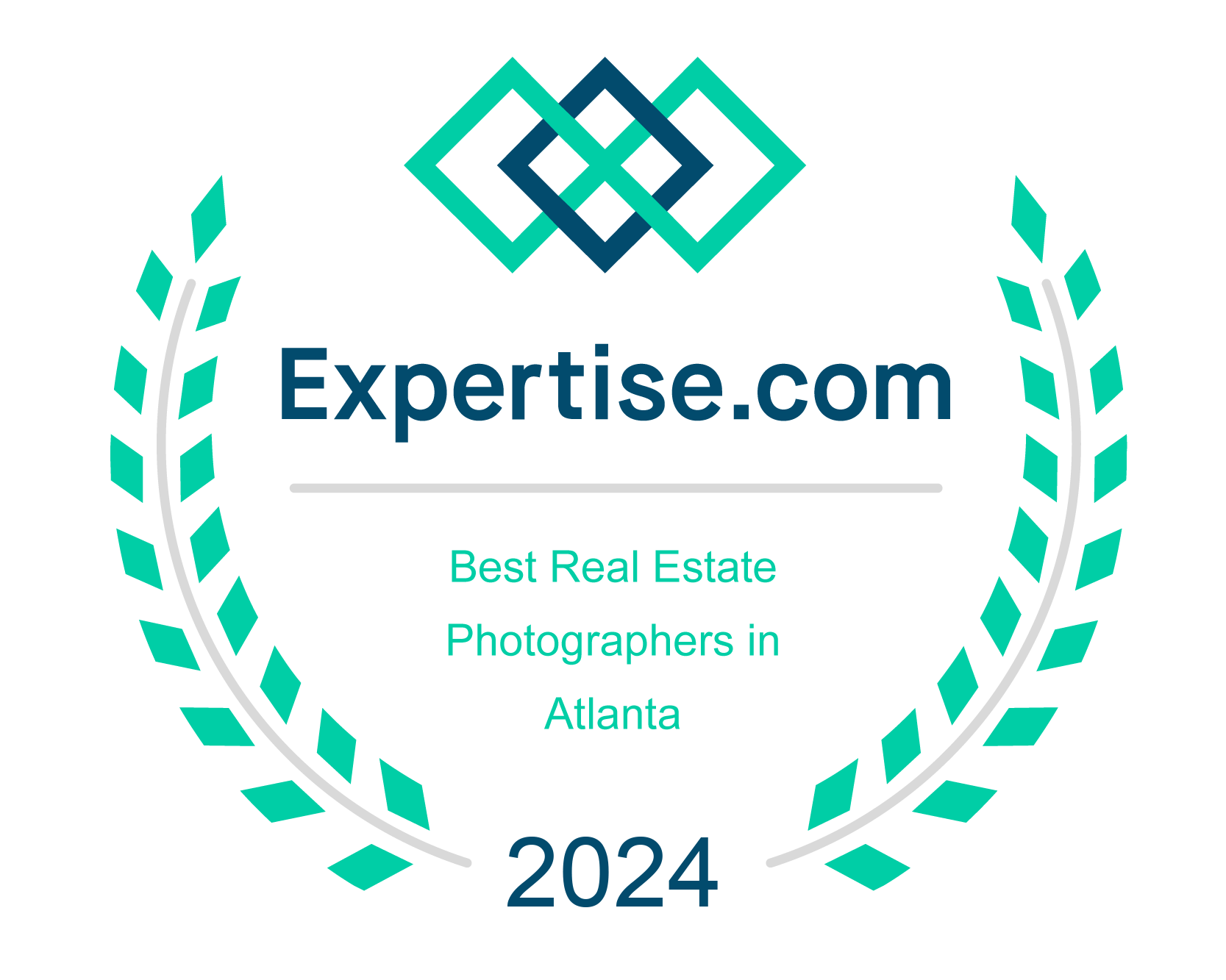 Expertise.com award badge: Best Real Estate Photographers in Atlanta, 2024, teal and dark blue logo, laurel wreath.