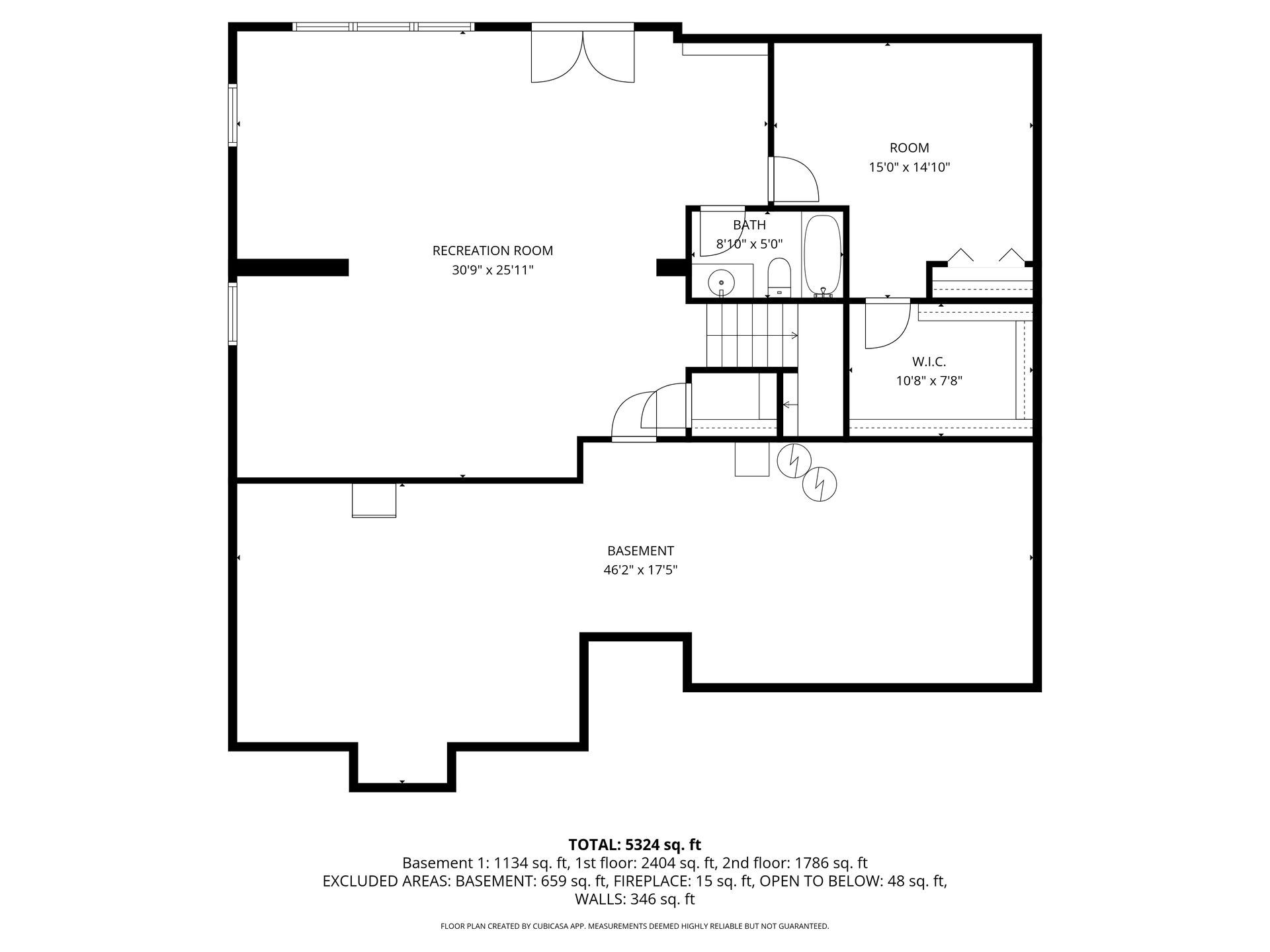 Floor plan for a residential basement level showing a recreation room, utility area, storage, and a bathroom.