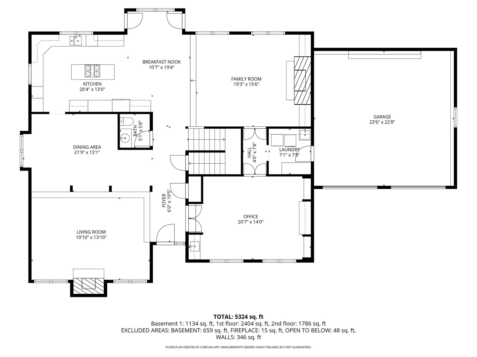 A floor plan diagram for a residential home, showing the layout of rooms, hallways, and a garage in black and white lines.