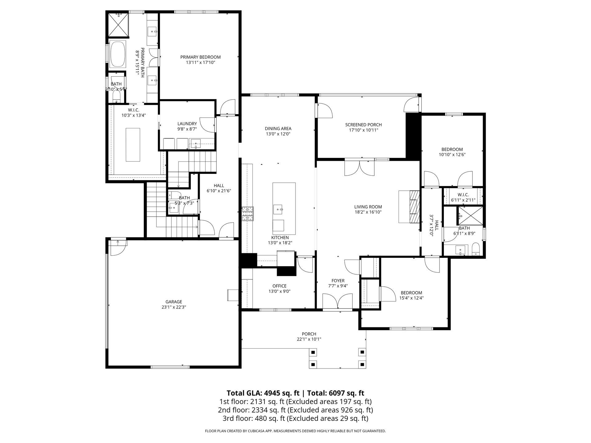 Floor plan showing a single-story house layout, including a garage, multiple bedrooms, bathrooms, and a central living area.
