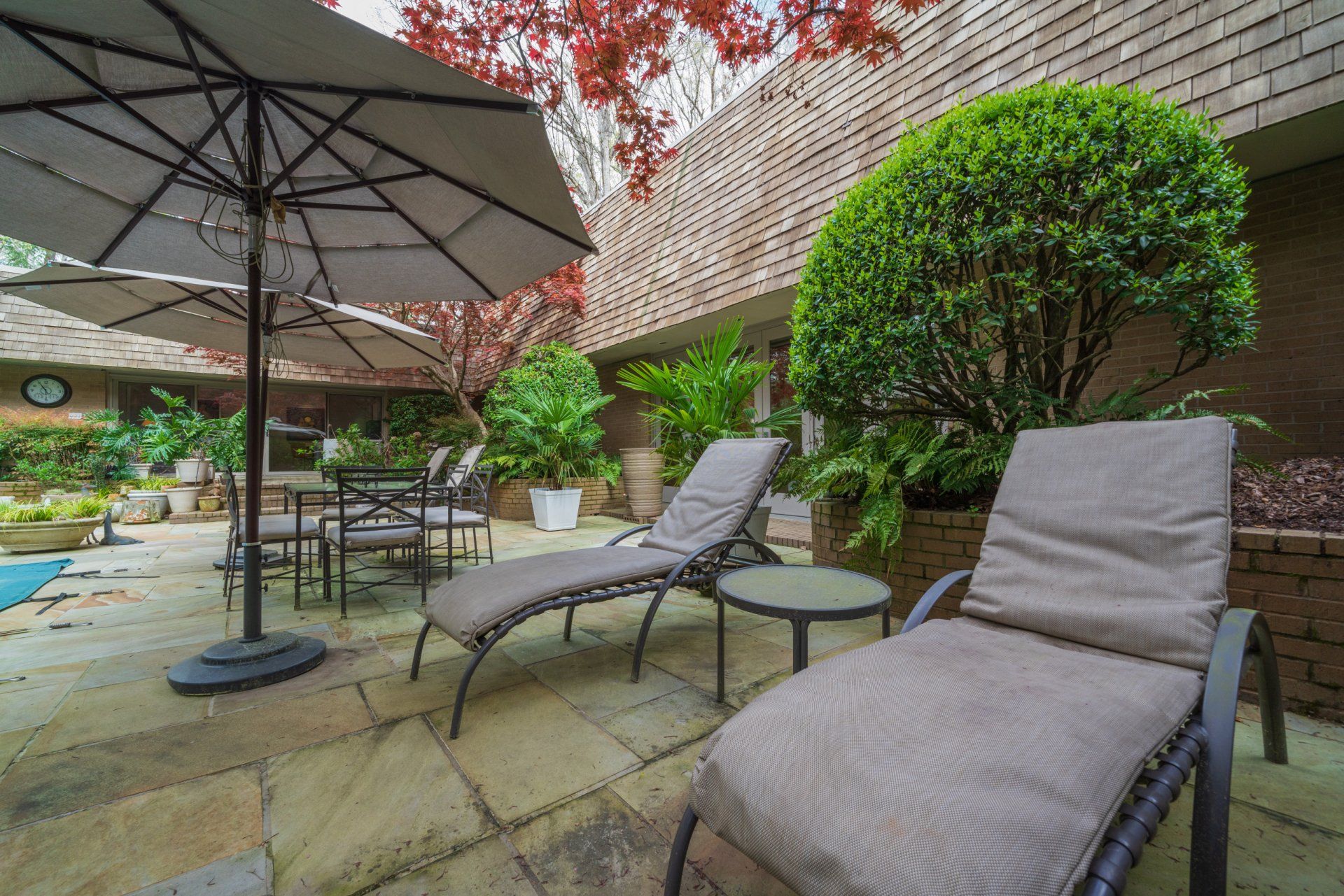 A patio with lounge chairs , umbrellas and a table.