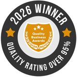 2026 Winner Quality Business Awards badge, black and gold, quality rating over 95%