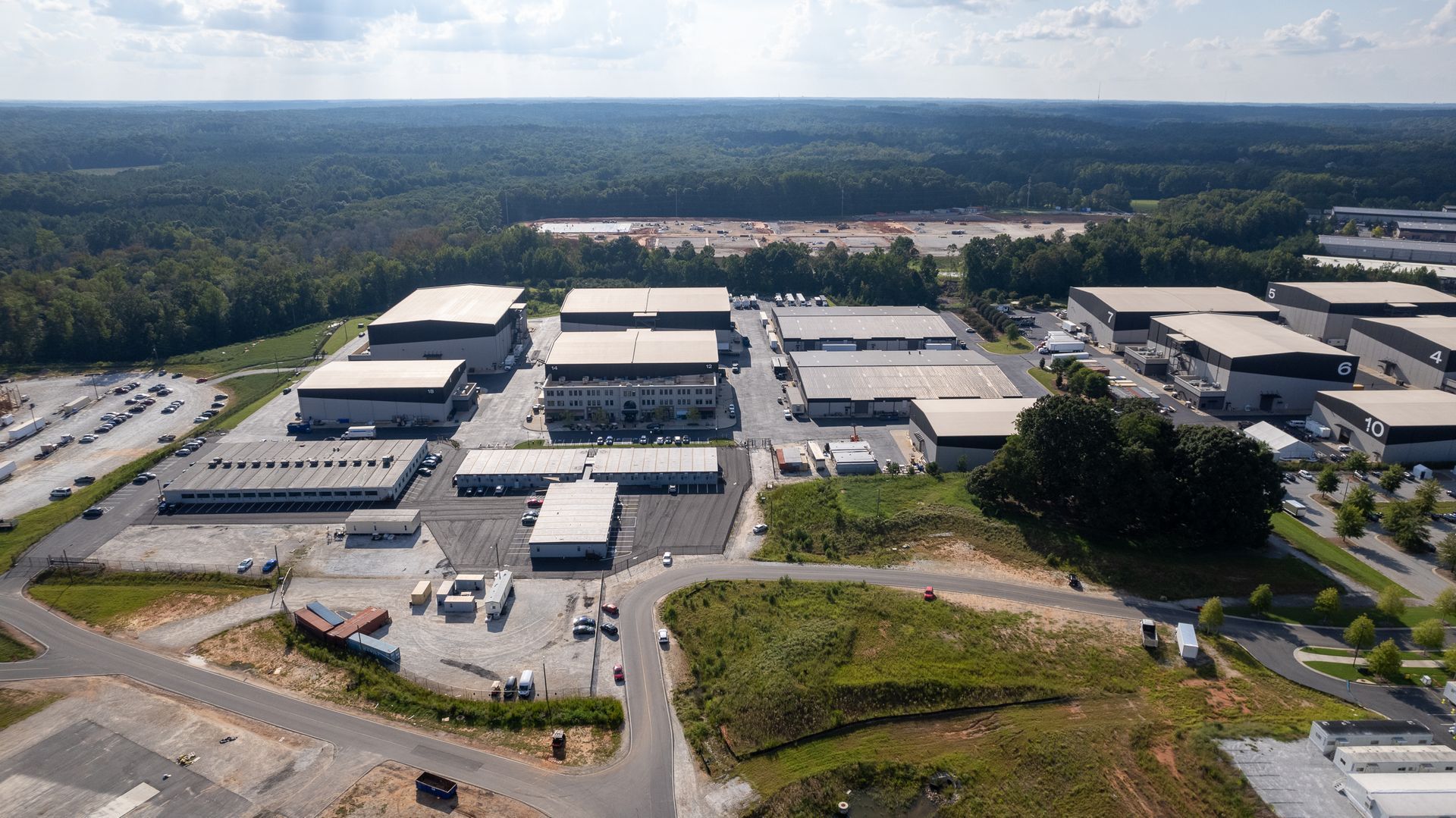An aerial view of a large industrial area with lots of buildings