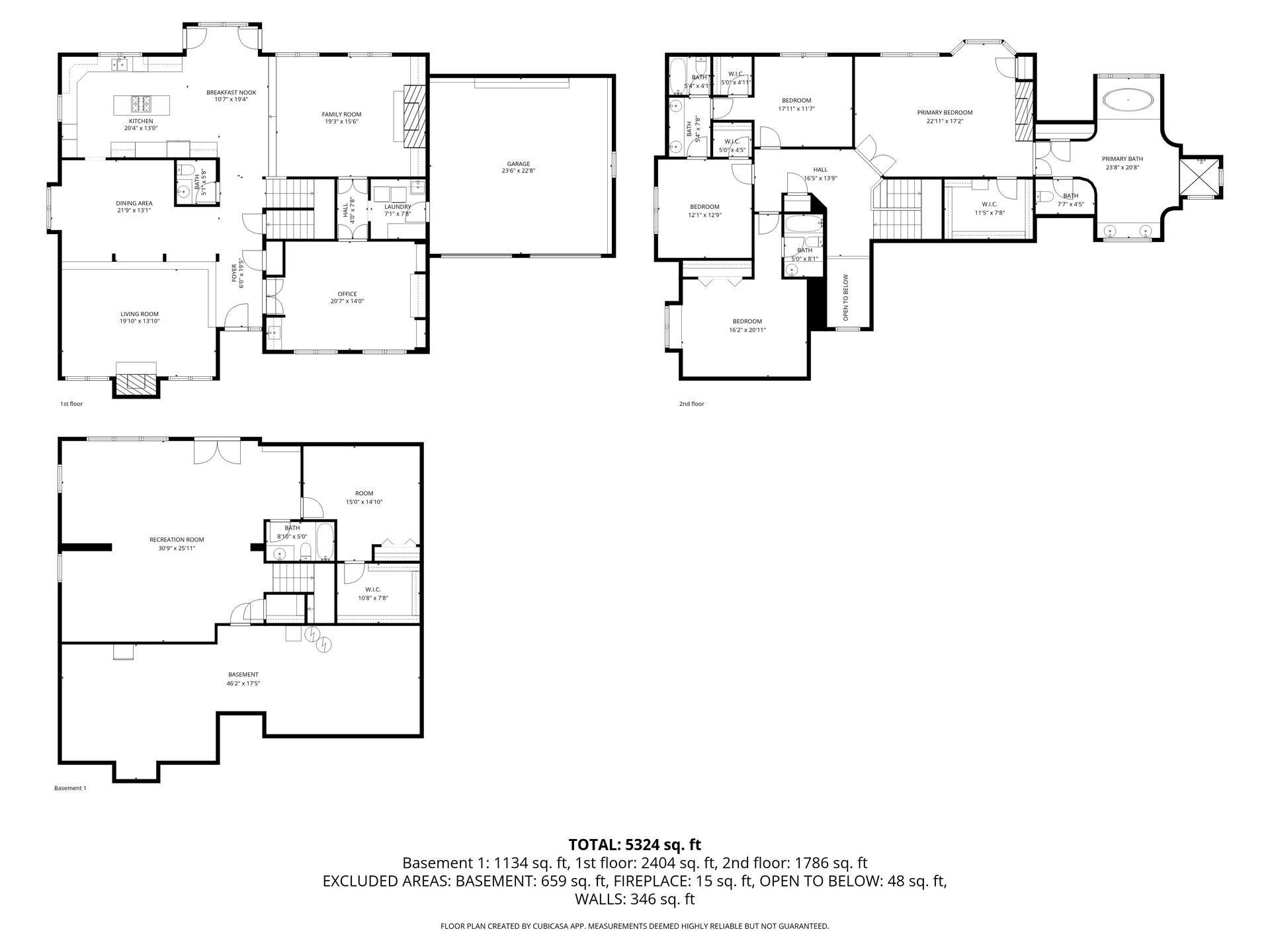 A floor plan showing the first floor, second floor, and basement layout of a residential home with square footage data.