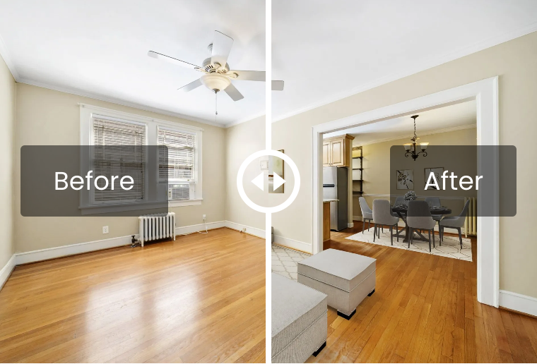 A before and after photo of a living room and dining room