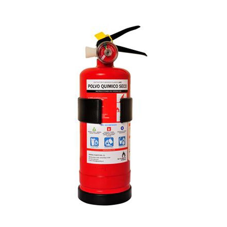 Extintor de incendios de color rojo, con mango, boquilla y base de color negro, etiquetado 