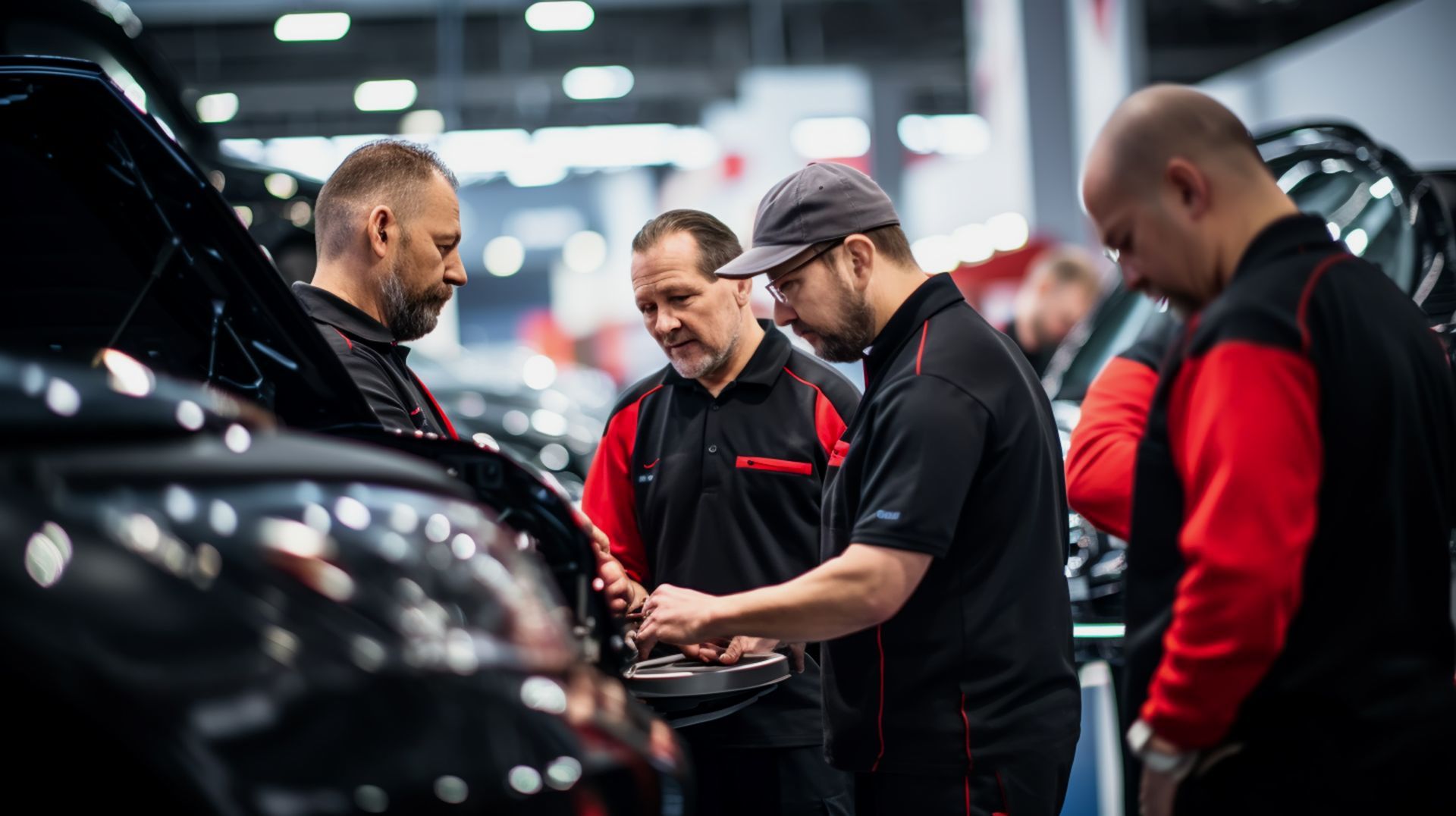 Un grupo de hombres está trabajando en un coche en un garaje.