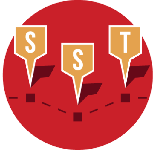 Red map with three orange S and T location pins connected by a dashed route.
