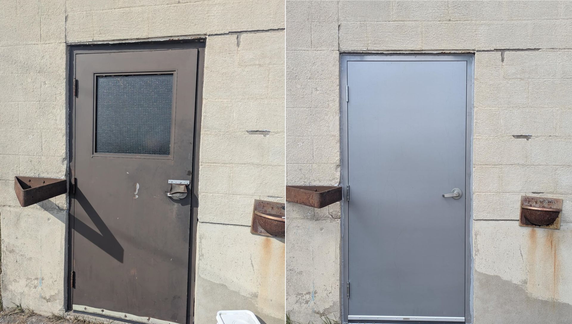 Two side-by-side gray metal doors on a beige cinder block wall, one with a vented window and one plain.