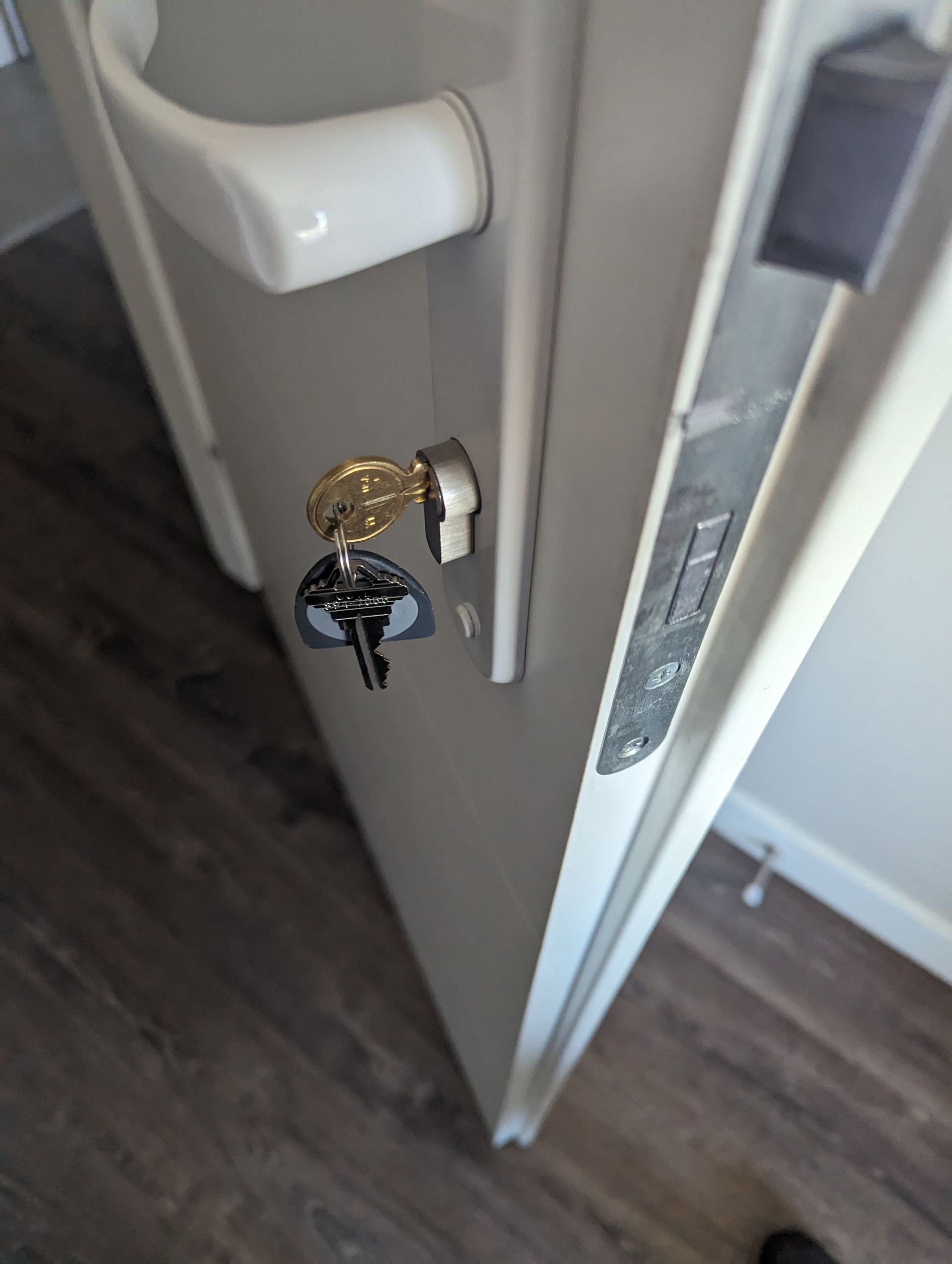 A close up of a door with keys on it.