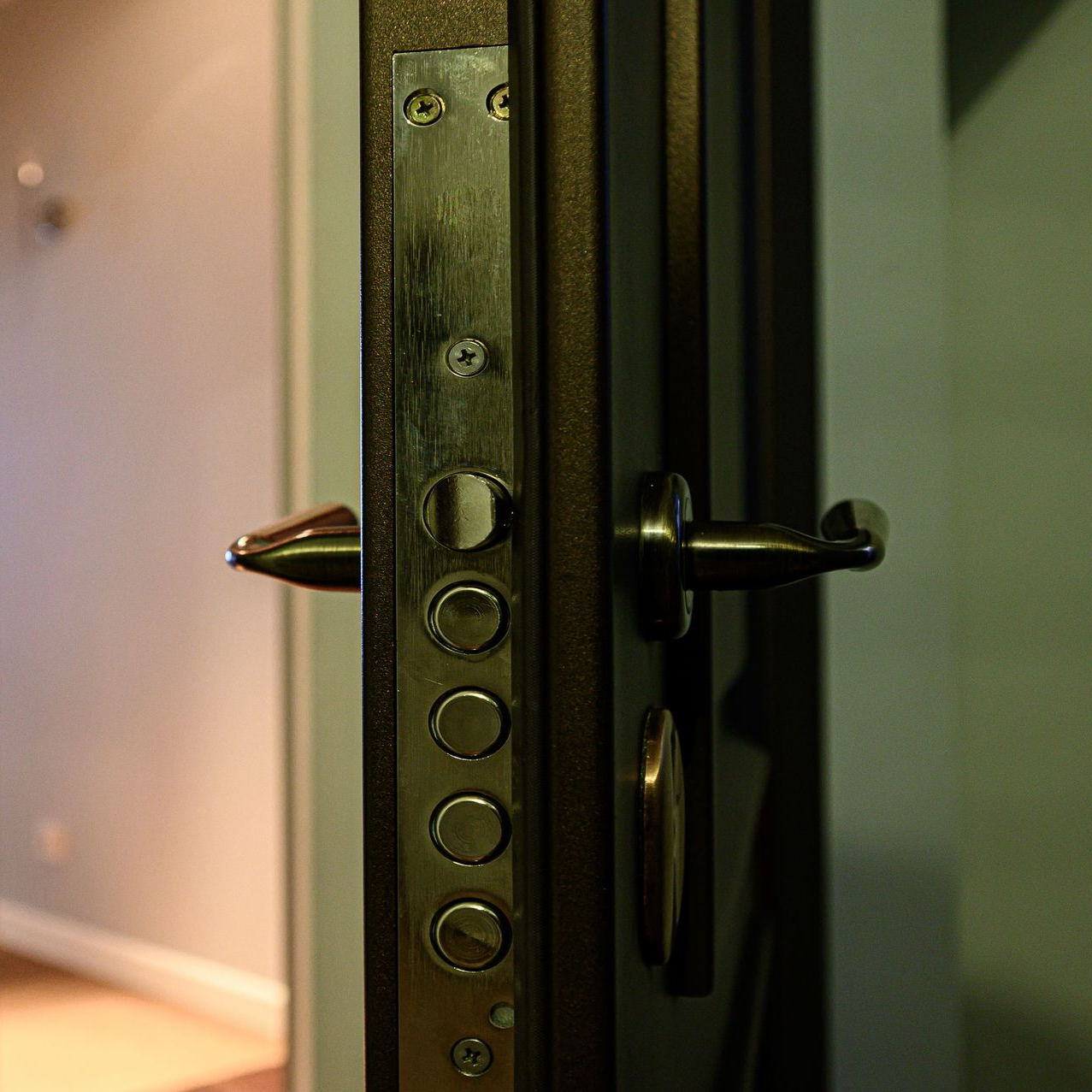 Close-up of a dark metal security door with lock and handle, partially open, showing a hallway.