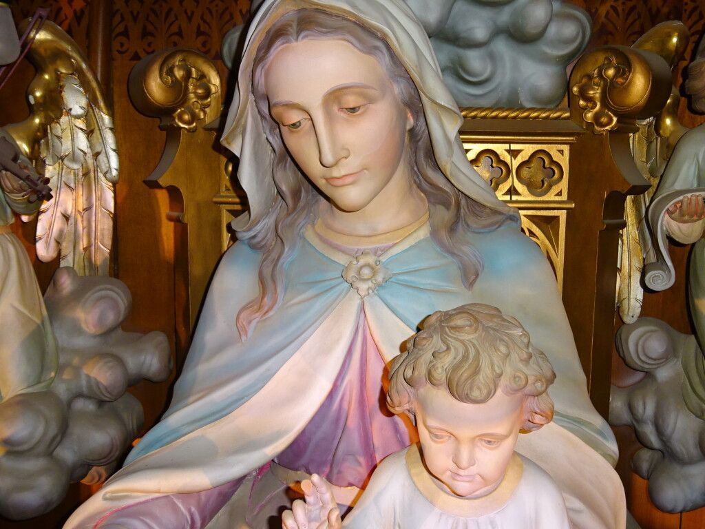 A close-up of Mary on the throne of the high altar of St. Mary's Church