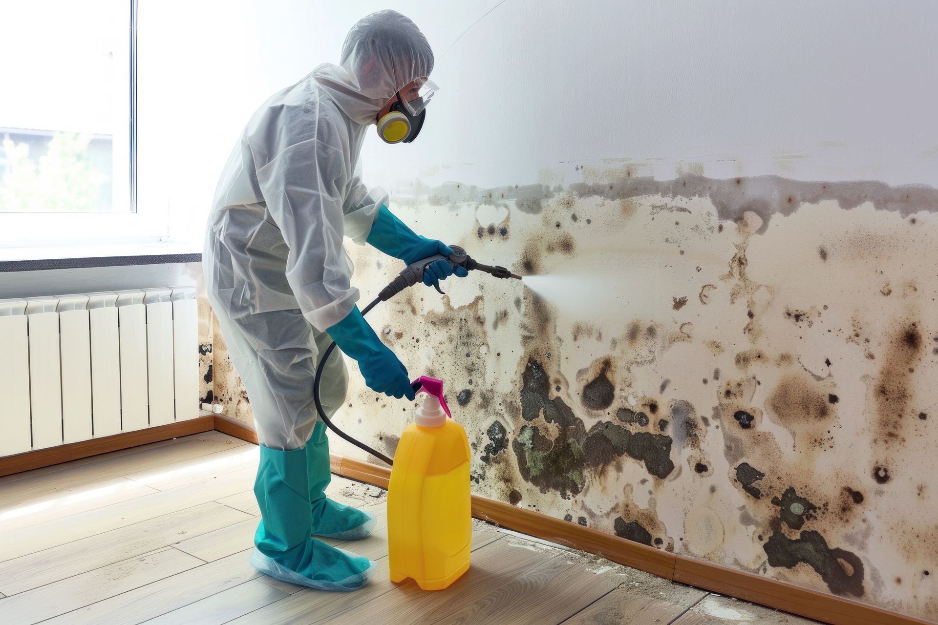 Une personne portant un équipement de protection pulvérise de la moisissure sur un mur à l'intérieur.