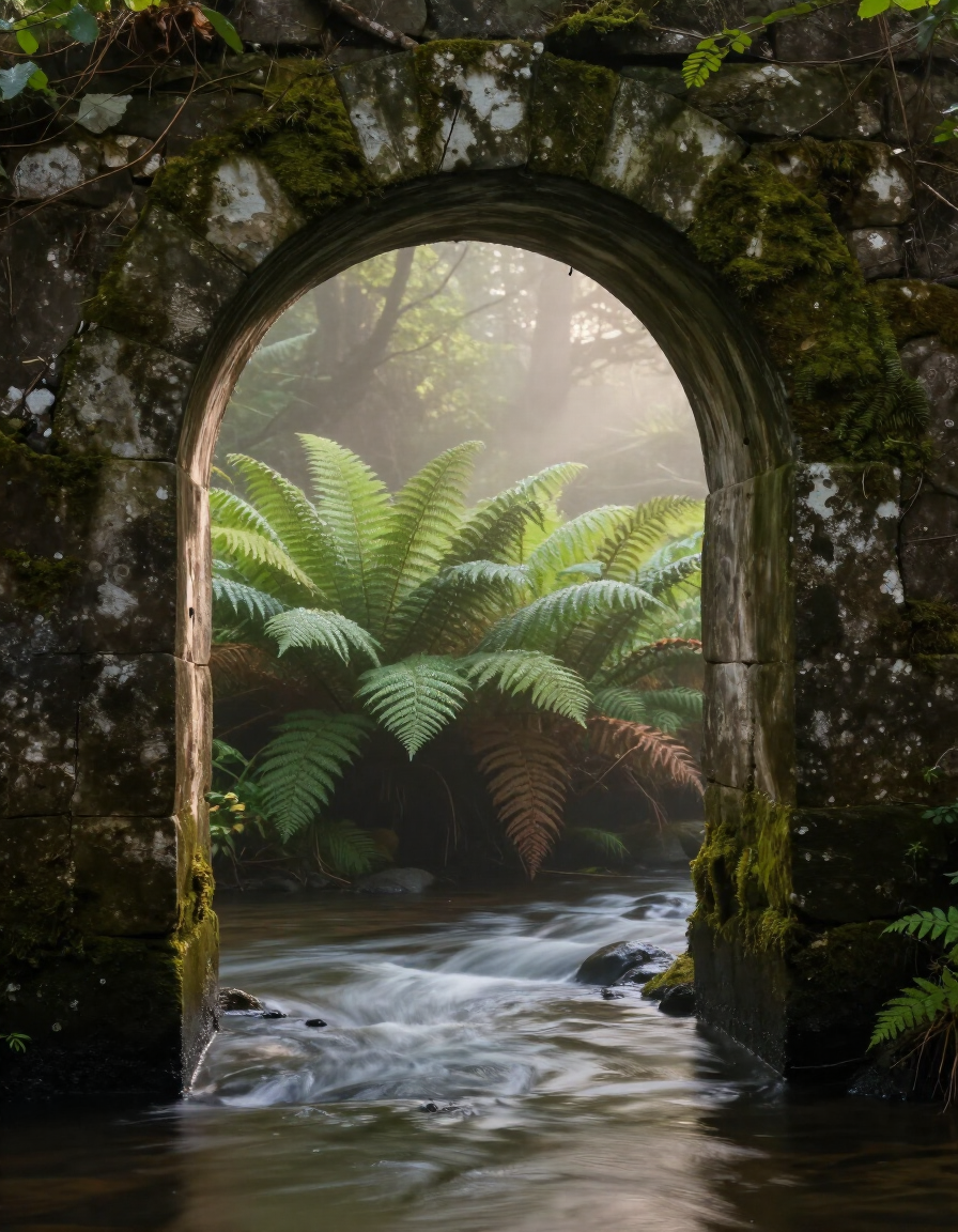 Stone archway opening onto a misty forest