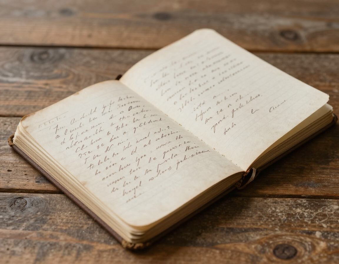 Handwritten notebook on a wooden table
