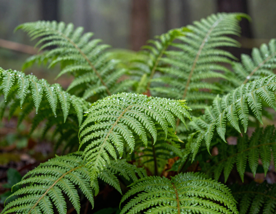 Rain-damp fern fronds