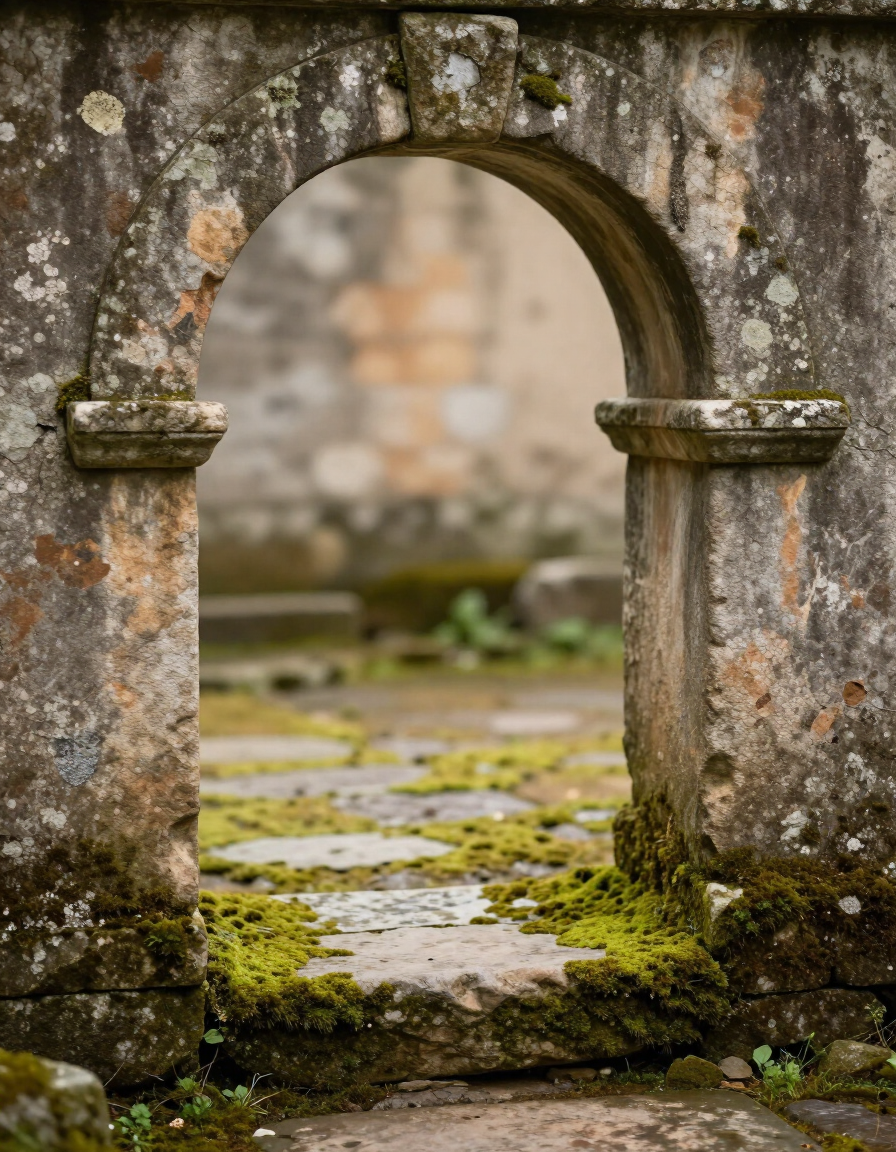 Moss-edged stone threshold