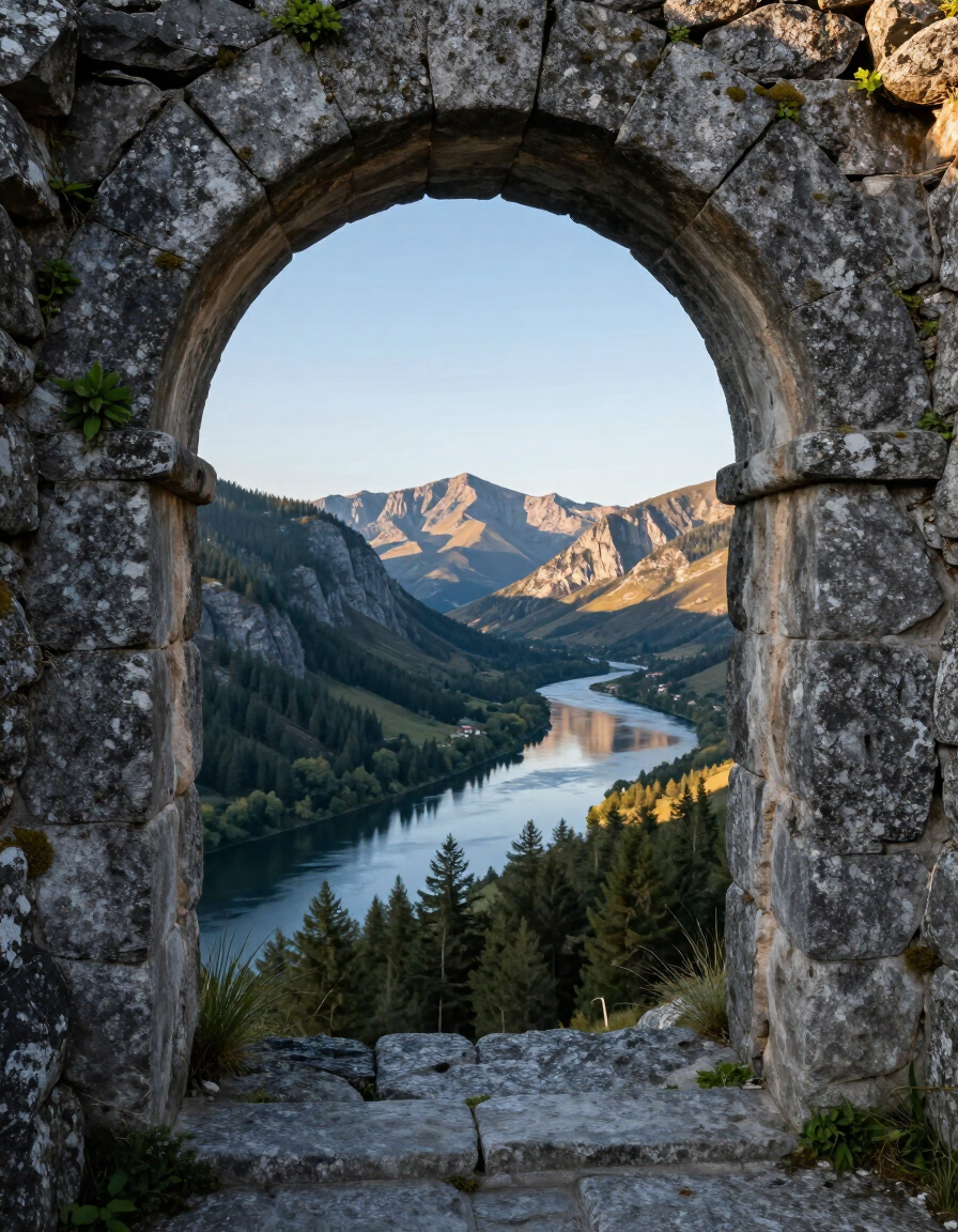 Stone passage opening onto a mountain and river landscape
