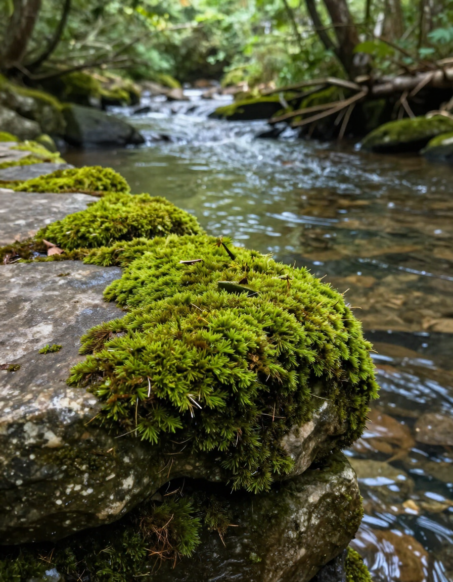 Moss-covered stone threshold beside a forest river