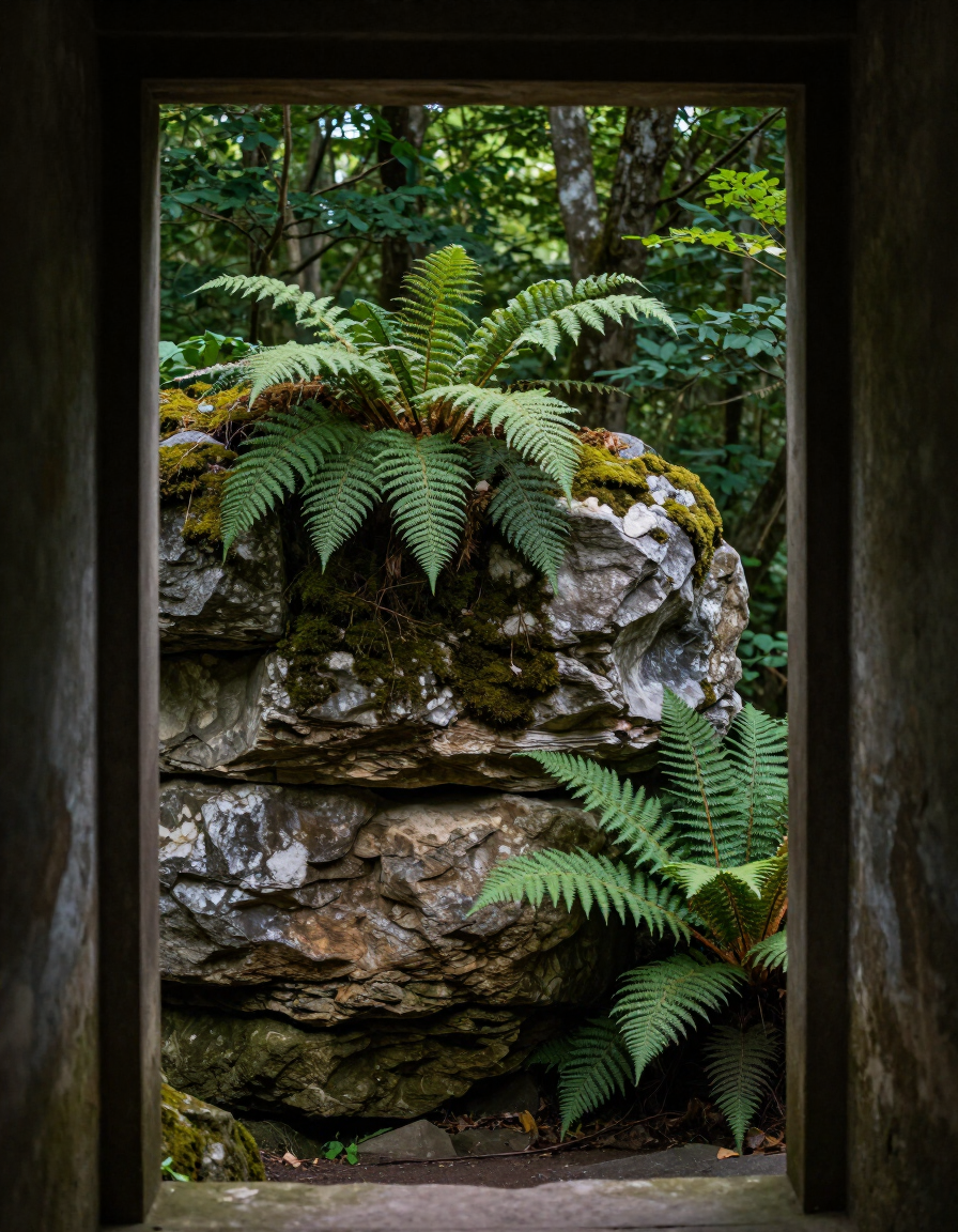 View through a forest doorway toward weathered stone and ferns