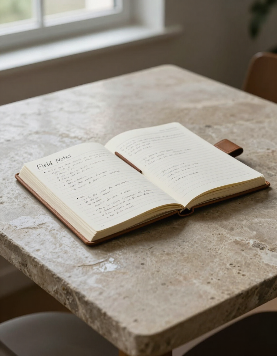 Study table with notebook and field notes in soft window light