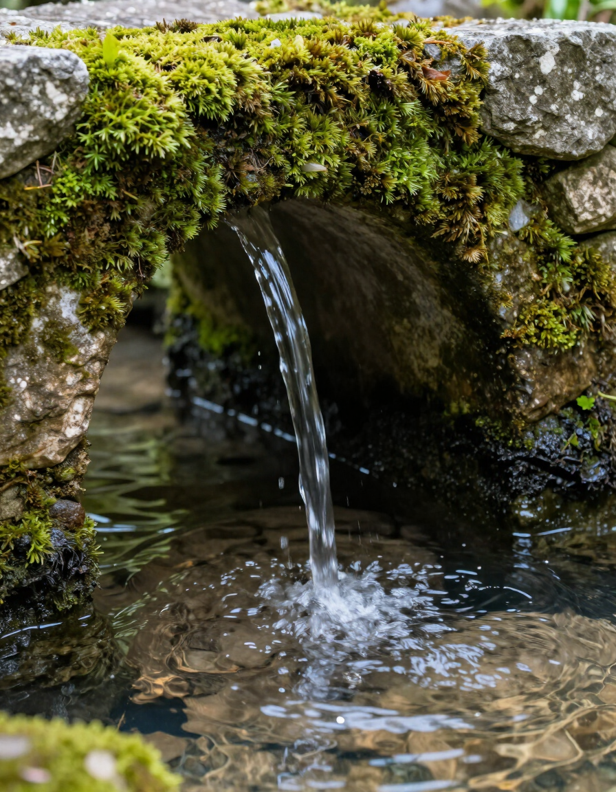 Clear water moving through moss-covered stone