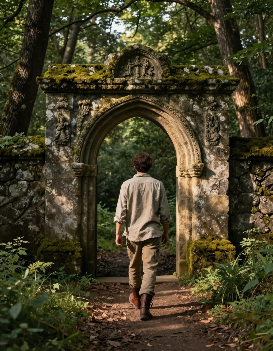 Figure approaching an ancient stone doorway